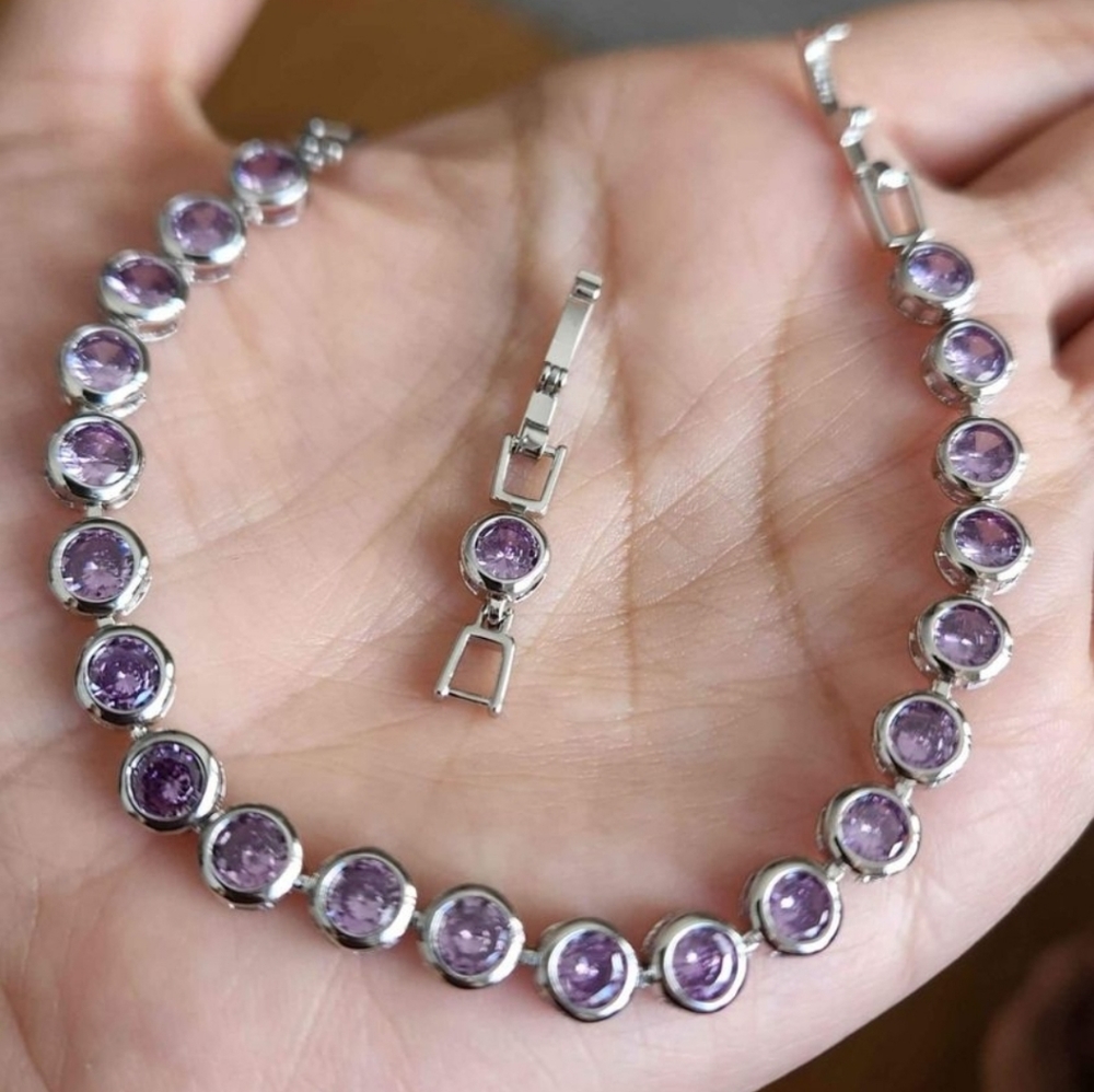 New 925 Silver Round Cut Amethyst Bezel Setting Bracelet for Women